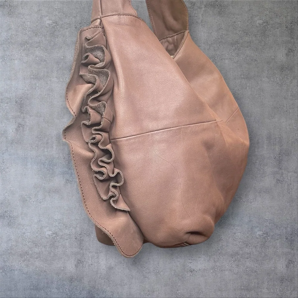 Anthropologie Miss‎ Albright Leather Hobo Shoulder Bag Ruffle Detail Mauve Brown
